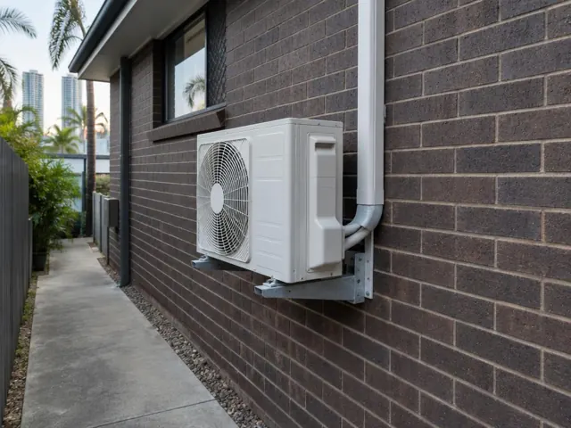 Wall-mounted split system outdoor unit on a brick house wall beside a narrow side path in Surfers Paradise